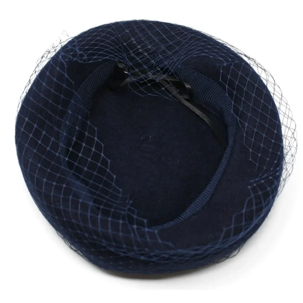 Navy Blue Wool Felt Beret w Veil Netting Church Party Retro Style Hat - Hey Viv